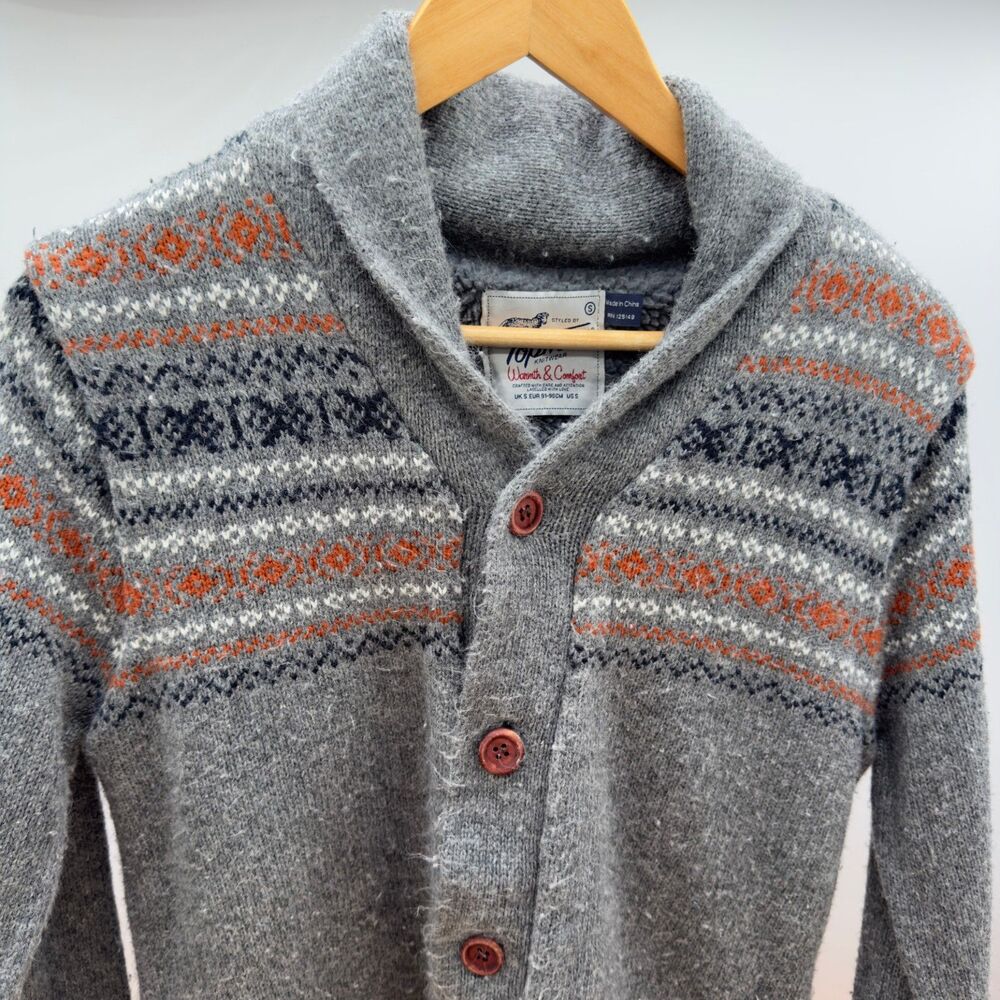 Topman Men’s Grey Fair Isle Shawl Collar Cardigan Sweater – Size S